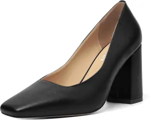 KUOARN Womens Matte Solid Square Toe Work Slip On Fashion Block High Heel Pumps Shoes 3.3 Inch