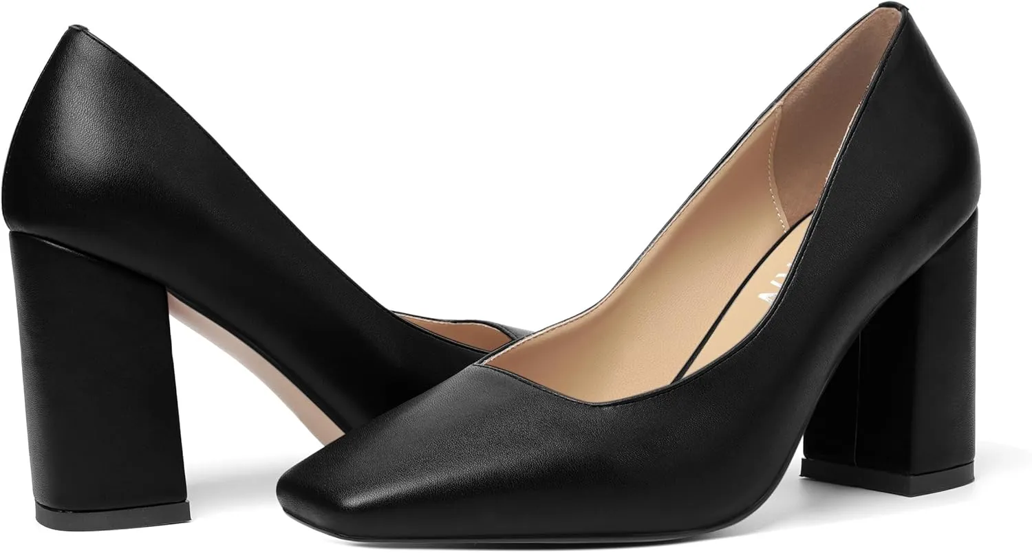 KUOARN Womens Matte Solid Square Toe Work Slip On Fashion Block High Heel Pumps Shoes 3.3 Inch