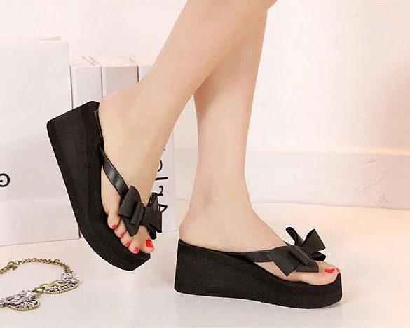Ladies Summer Platform Flip Flops Thong Wedge Beach Sandals Knotbow Shoes