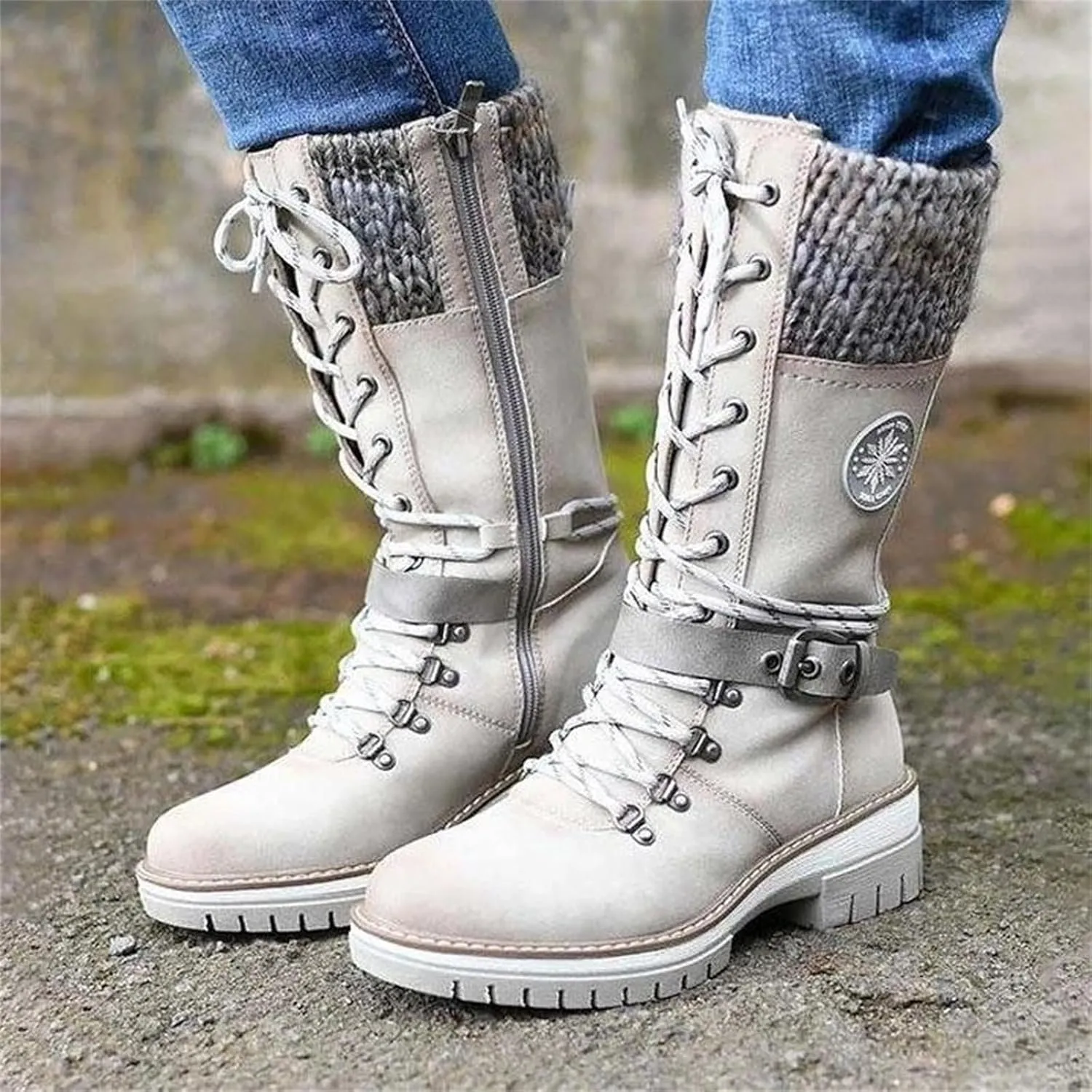 Ladmiple Combat Boots Womens Mid Calf Side Zipper Low Heel Motorcycle Riding Military Biker Winter Western Ankle Booties