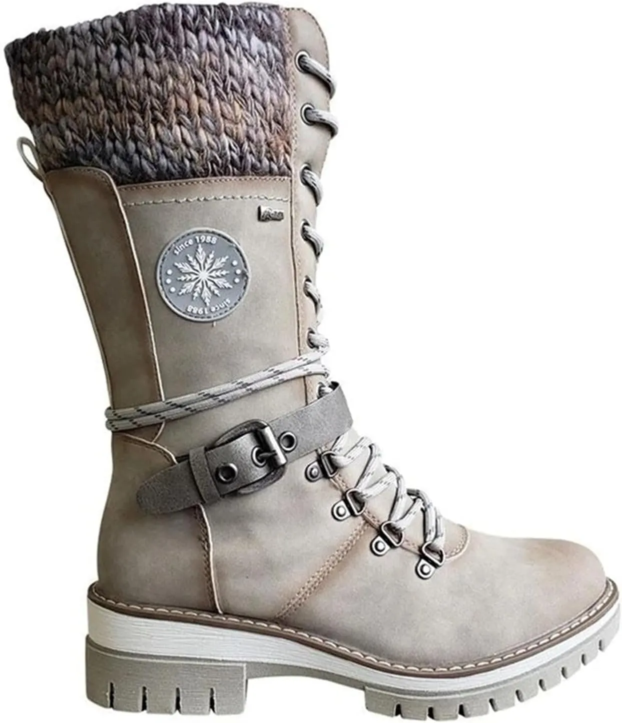 Ladmiple Combat Boots Womens Mid Calf Side Zipper Low Heel Motorcycle Riding Military Biker Winter Western Ankle Booties