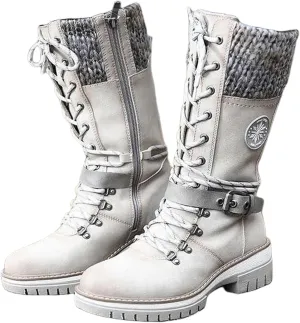 Ladmiple Combat Boots Womens Mid Calf Side Zipper Low Heel Motorcycle Riding Military Biker Winter Western Ankle Booties