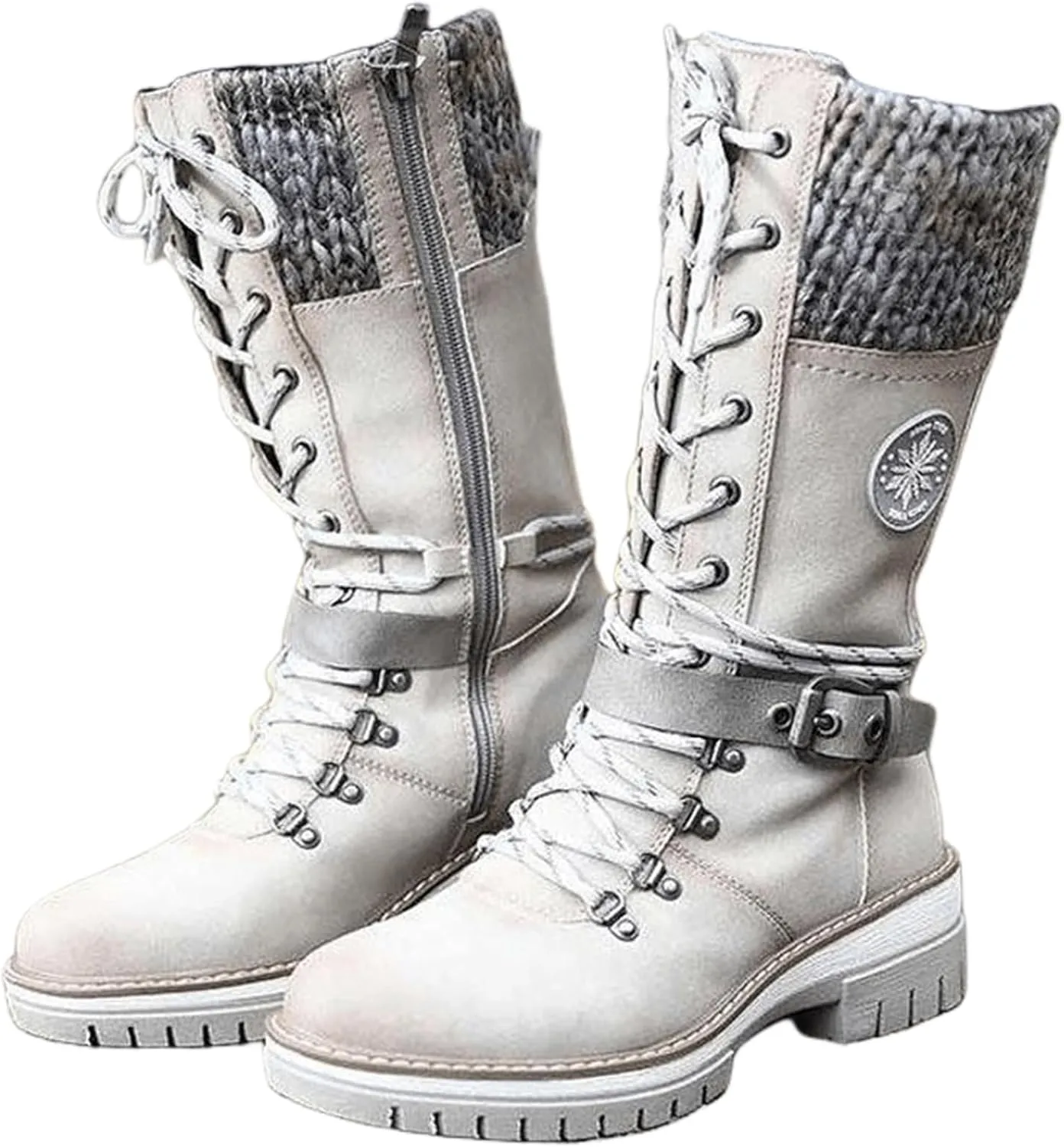 Ladmiple Combat Boots Womens Mid Calf Side Zipper Low Heel Motorcycle Riding Military Biker Winter Western Ankle Booties