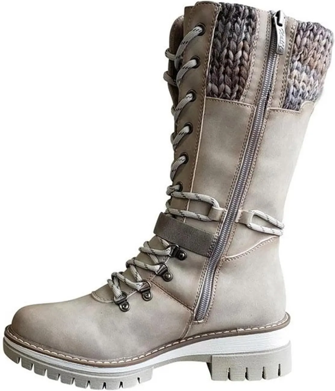 Ladmiple Combat Boots Womens Mid Calf Side Zipper Low Heel Motorcycle Riding Military Biker Winter Western Ankle Booties