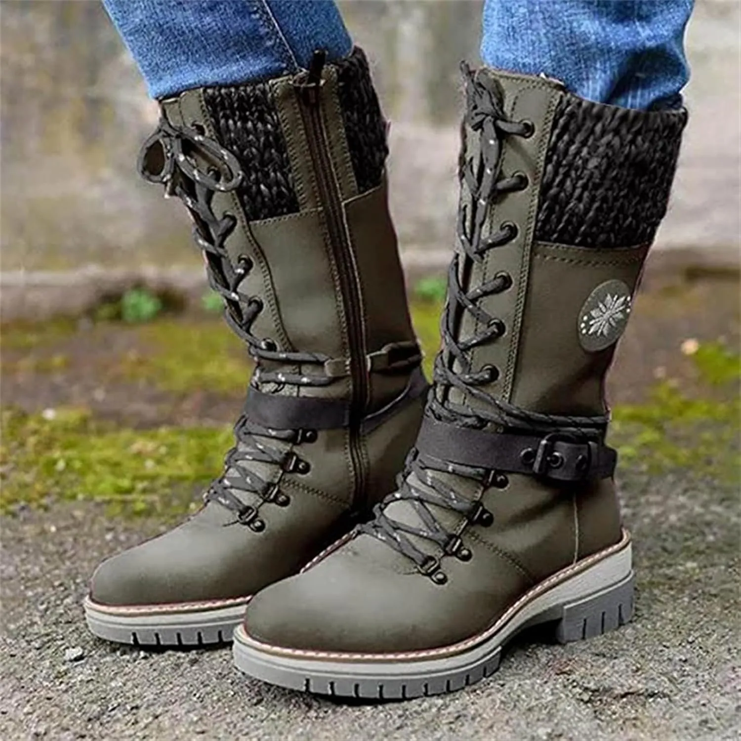 Ladmiple Fall Boots For Women 2024 Wide Calf Mid Calf Ankle Booties Side Zipper Low Heel Motorcycle Combat Riding Biker Boots