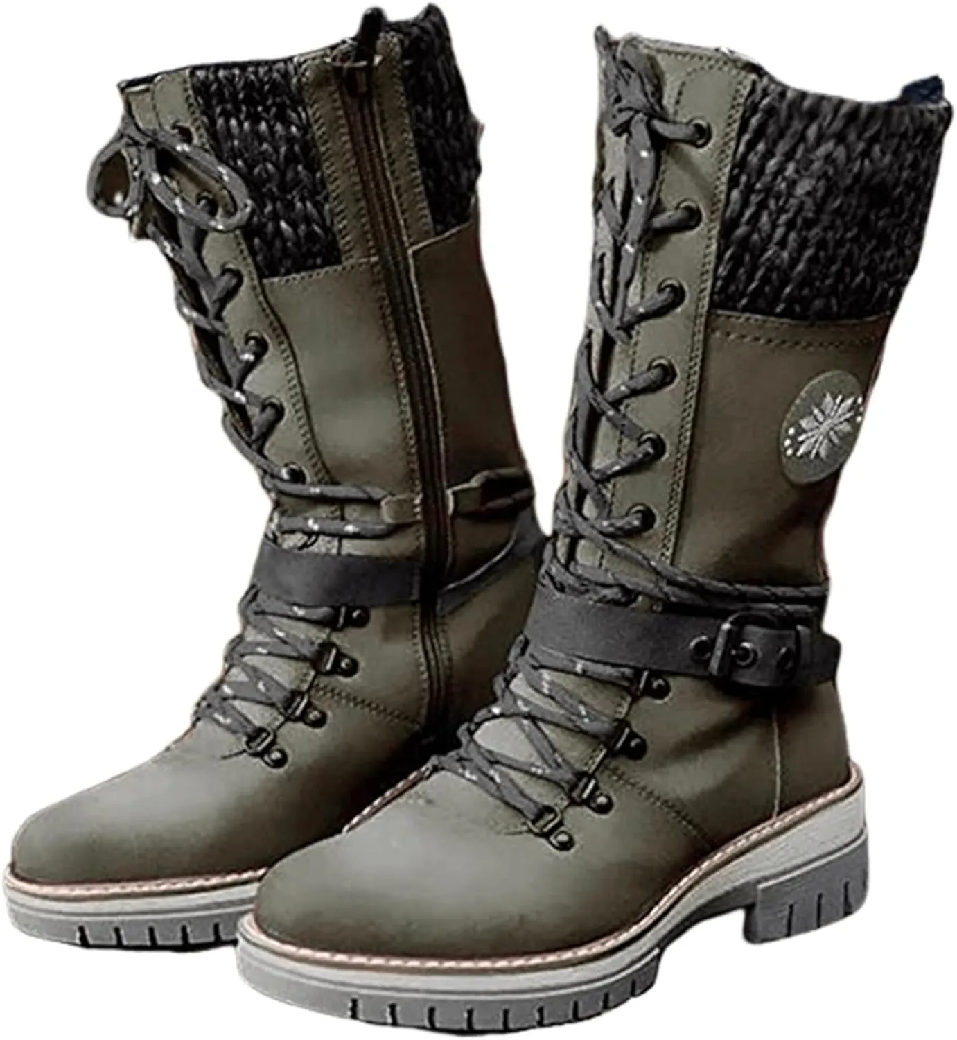 Ladmiple Fall Boots For Women 2024 Wide Calf Mid Calf Ankle Booties Side Zipper Low Heel Motorcycle Combat Riding Biker Boots