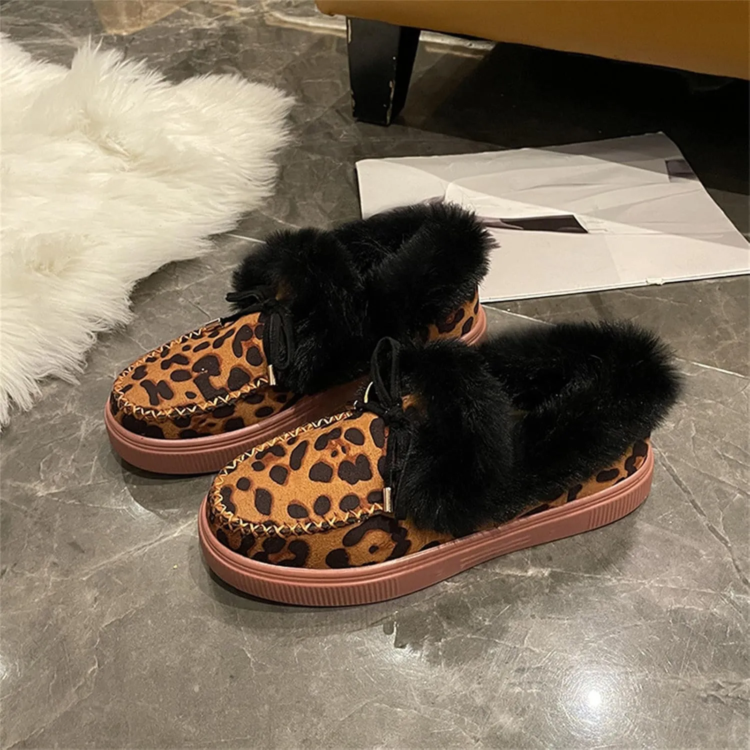 Ladmiple Snow Boots For Women Cute Wide Calf Slip On Winter Warm Ankle Booties Fashion Fur Lined Thickening Outdoor Shoes