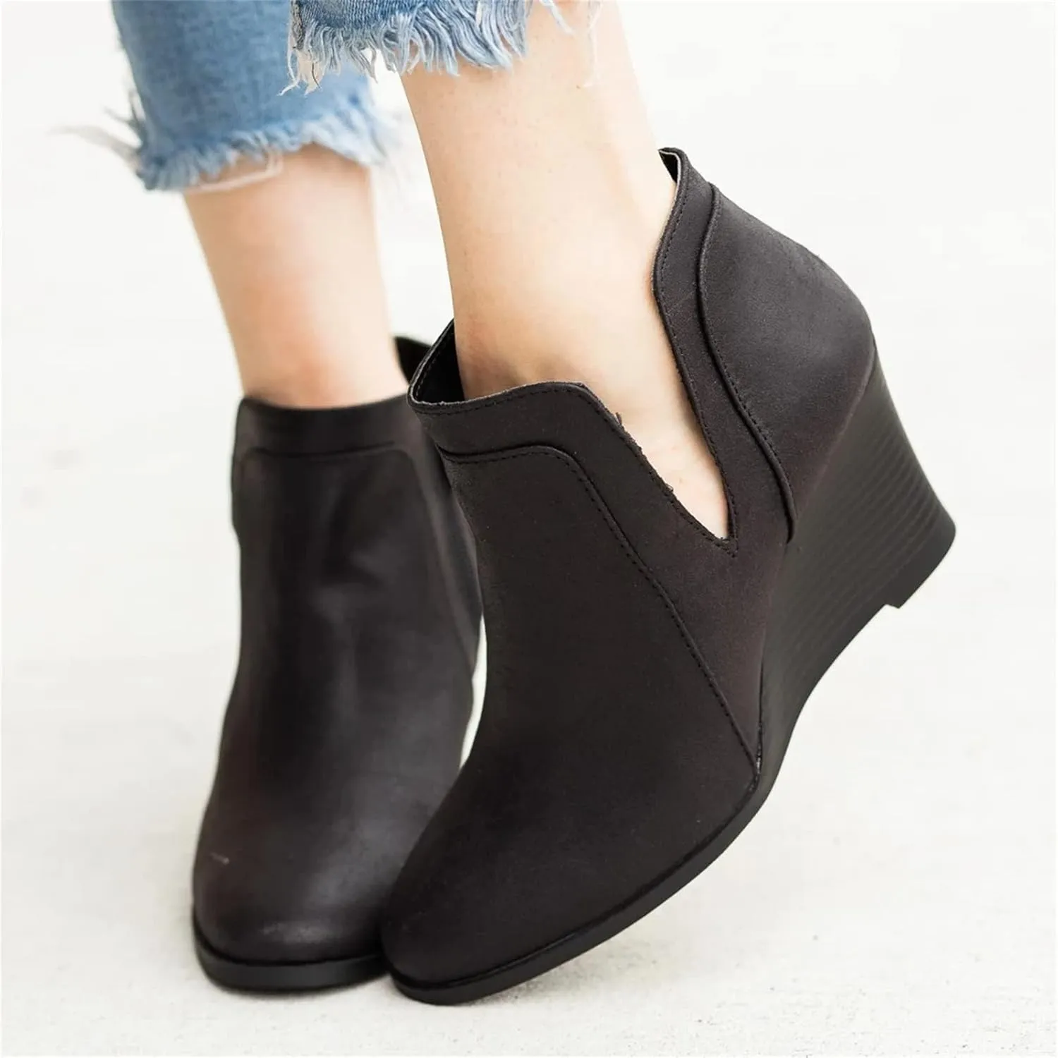 Lausiuoe Wedge Booties For Women Closed Toe Heeled Ankle Boots Casual Dressy Fashion Platform Wide Western Fall Booties