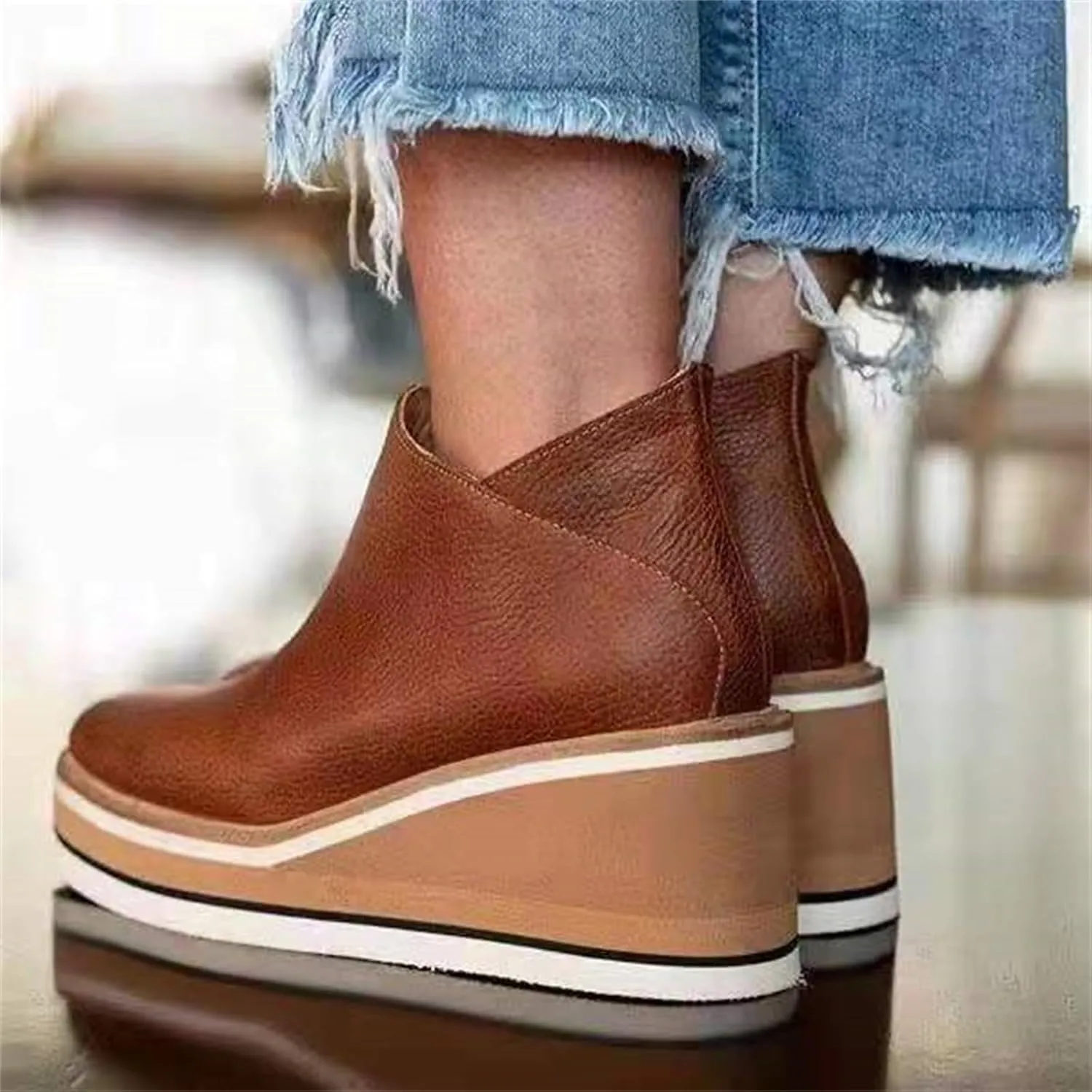 Lausiuoe Wedge Booties For Women Closed Toe Platform Ankle Booties Casual Dressy Western Wide Calf Heeled Fall Boots