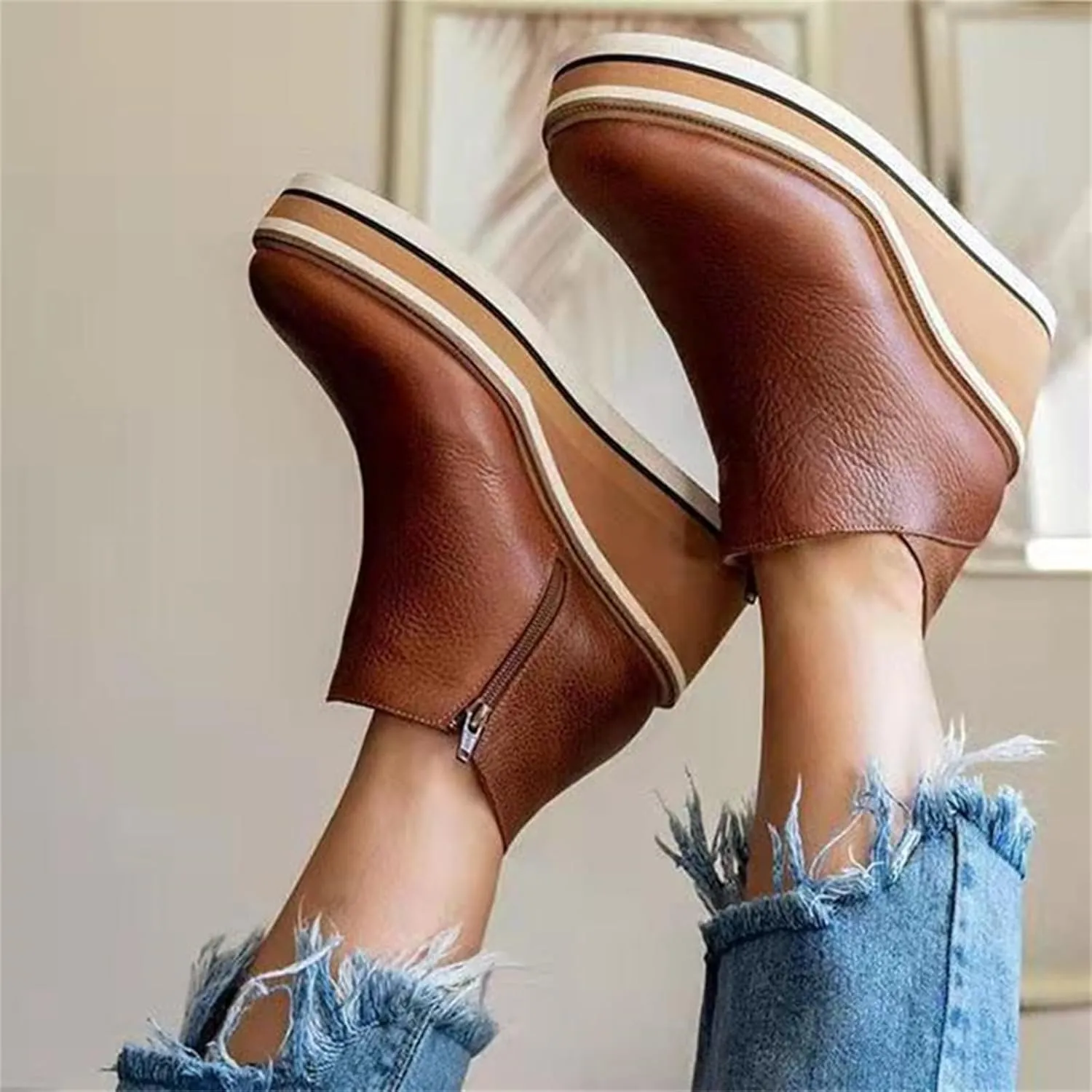 Lausiuoe Wedge Booties For Women Closed Toe Platform Ankle Booties Casual Dressy Western Wide Calf Heeled Fall Boots