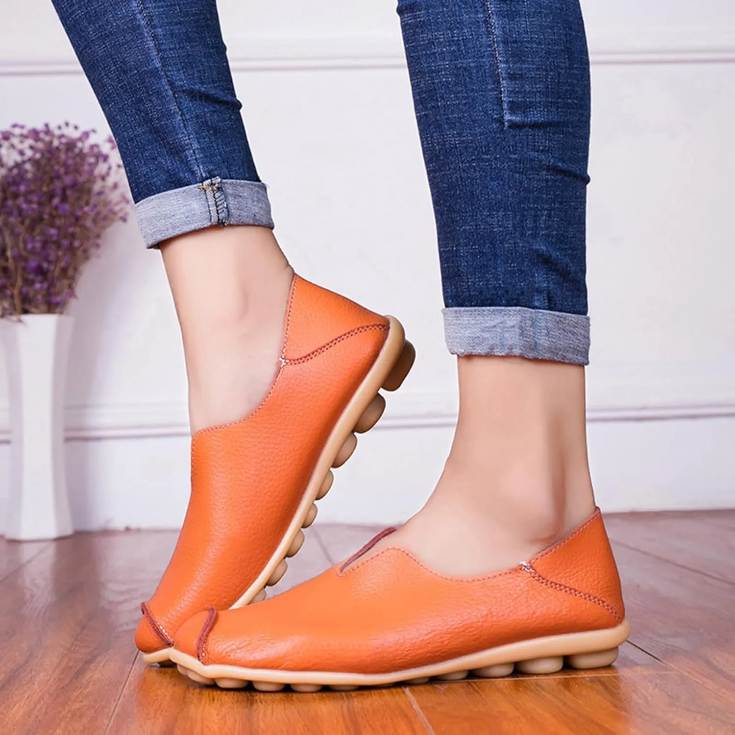 Loafers for Women Comfort Round Toe Leather Vamp Flats Slip On Lightweight Casual Shoes Wild Driving Flats Boat Shoes Summer Walking Vacation Beach Loafers Fashion Loafer