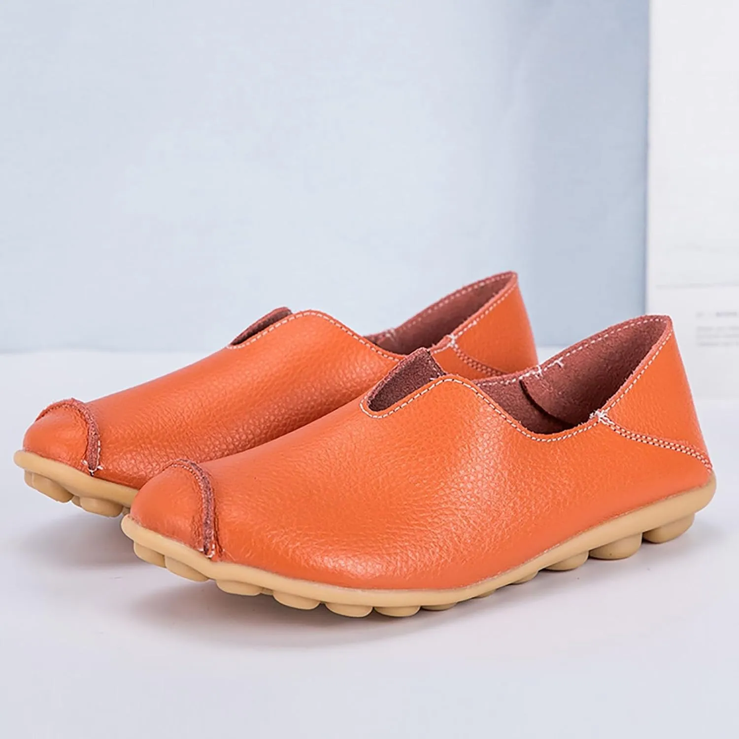 Loafers for Women Comfort Round Toe Leather Vamp Flats Slip On Lightweight Casual Shoes Wild Driving Flats Boat Shoes Summer Walking Vacation Beach Loafers Fashion Loafer