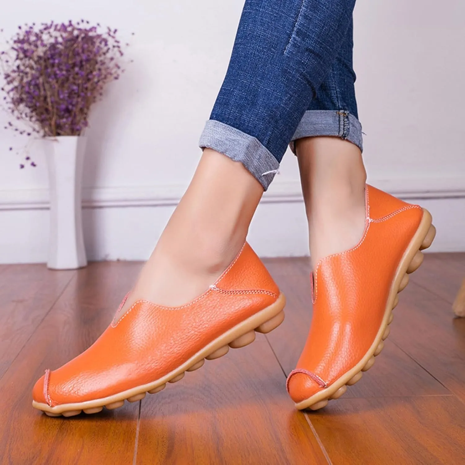 Loafers for Women Comfort Round Toe Leather Vamp Flats Slip On Lightweight Casual Shoes Wild Driving Flats Boat Shoes Summer Walking Vacation Beach Loafers Fashion Loafer