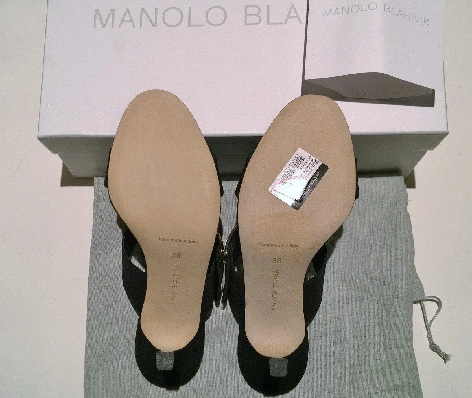 Manolo Blahnik Gable Black Crepe de Chine Mother of Pearl Buckle Slides Sandals New Heels