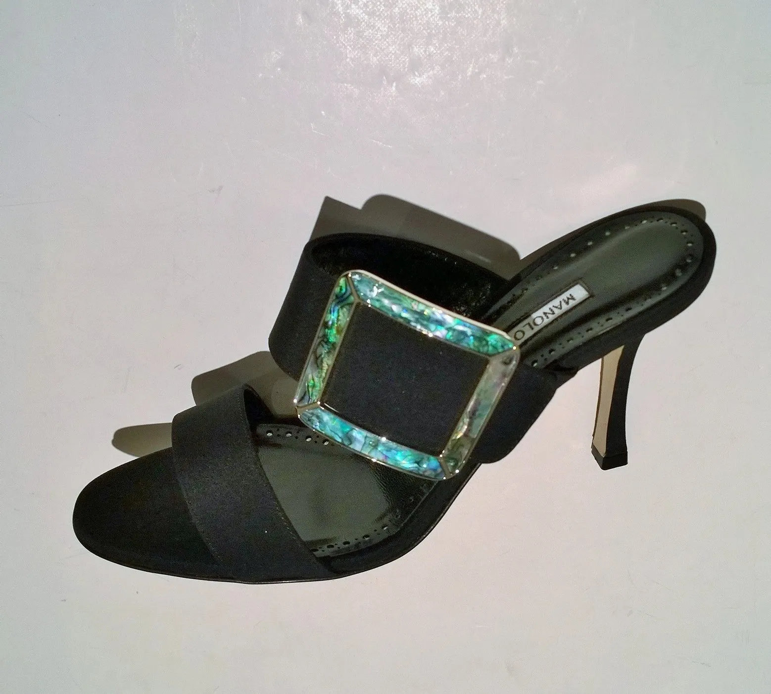 Manolo Blahnik Gable Black Crepe de Chine Mother of Pearl Buckle Slides Sandals New Heels
