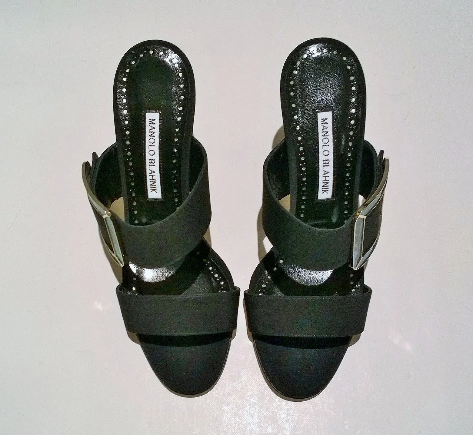 Manolo Blahnik Gable Black Crepe de Chine Mother of Pearl Buckle Slides Sandals New Heels