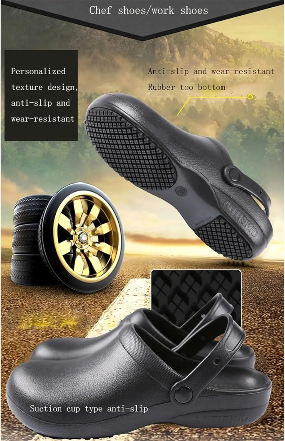 Men Chef Shoes, Men's Adjustable Non Slip Strap Water and Oil Resistant Slip-On Chef Work Shoes, Durable and Comfortable Breathable Durable Kitchen Sandals, for Camping and Yard Work