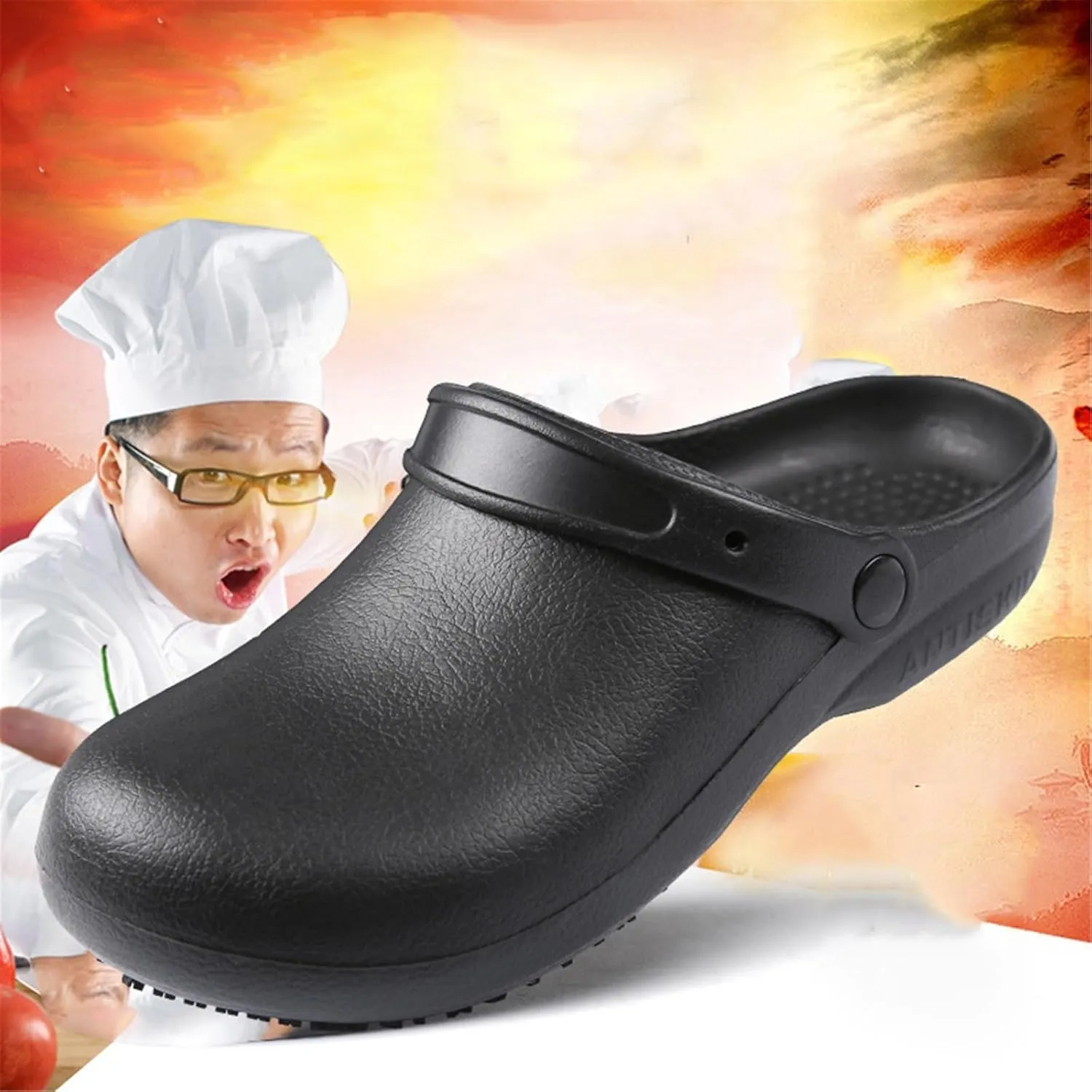 Men Chef Shoes, Men's Adjustable Non Slip Strap Water and Oil Resistant Slip-On Chef Work Shoes, Durable and Comfortable Breathable Durable Kitchen Sandals, for Camping and Yard Work