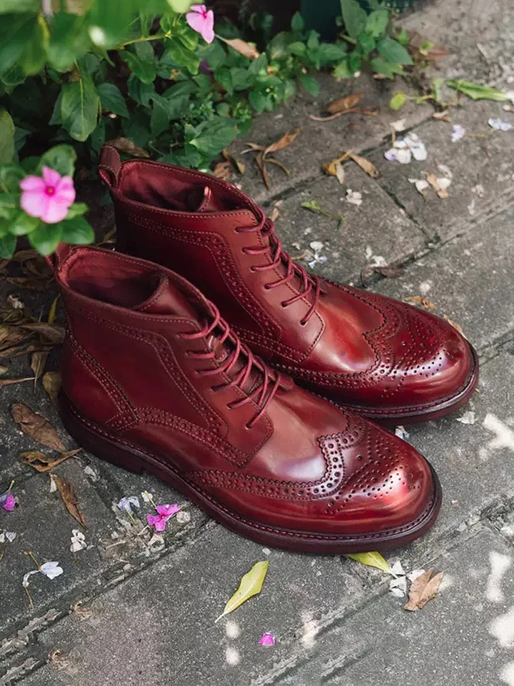 Men's Brogue Dress Boots Burgundy