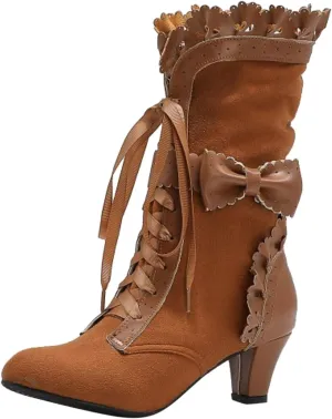 Mid Calf Boots for Women, Lace Up Victorian Boots Dress Riding Fall Shoes Vintage Witch Mid Calf Up Combat Boots With Bow
