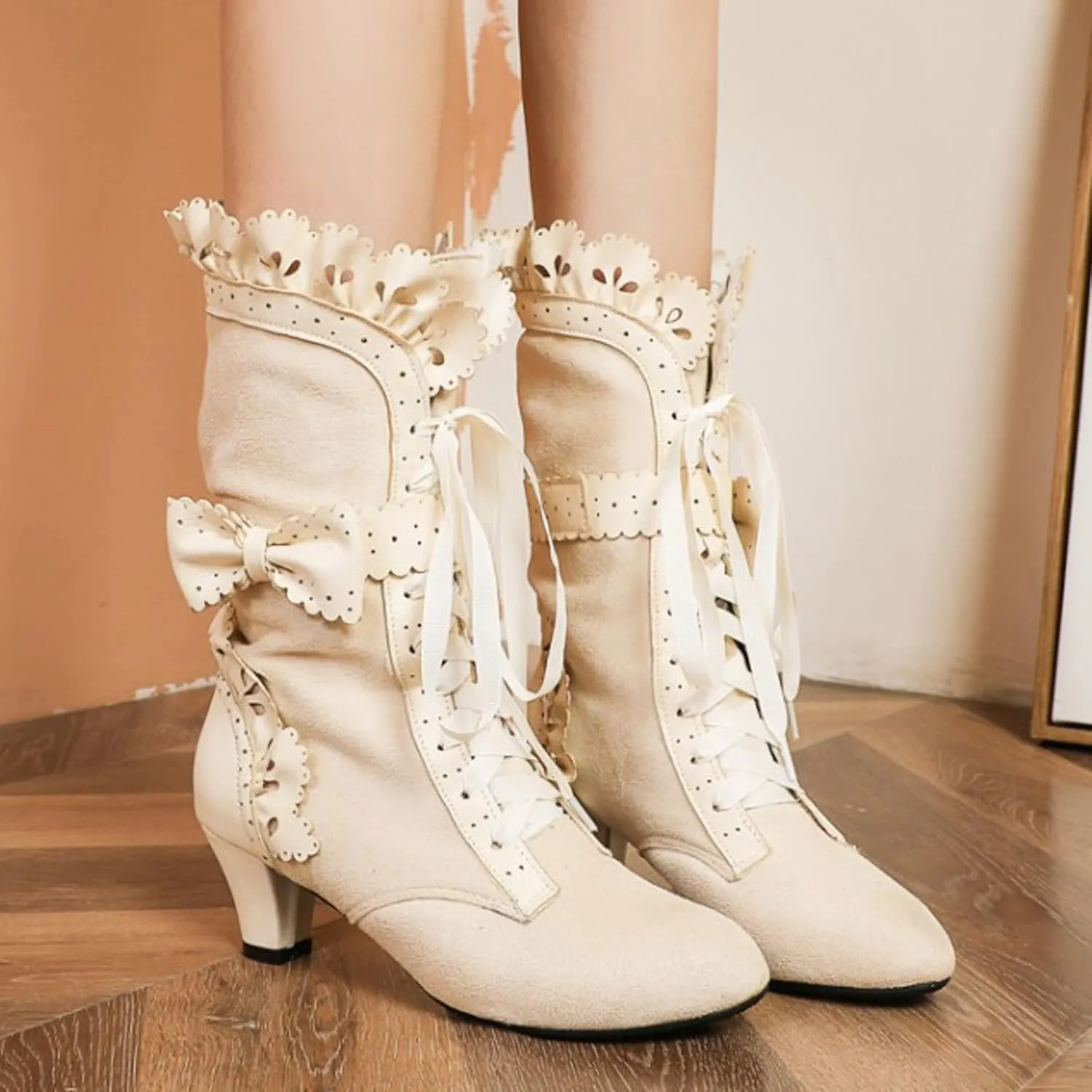 Mid Calf Boots for Women, Lace Up Victorian Boots Dress Riding Fall Shoes Vintage Witch Mid Calf Up Combat Boots With Bow