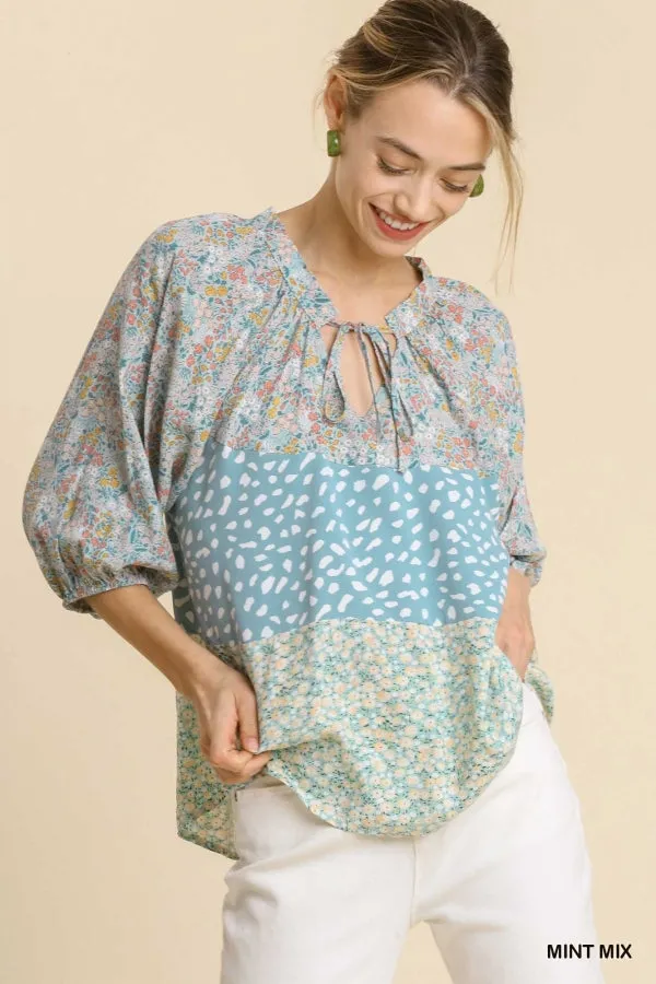 Mixed Colorblock Print Top, Mint