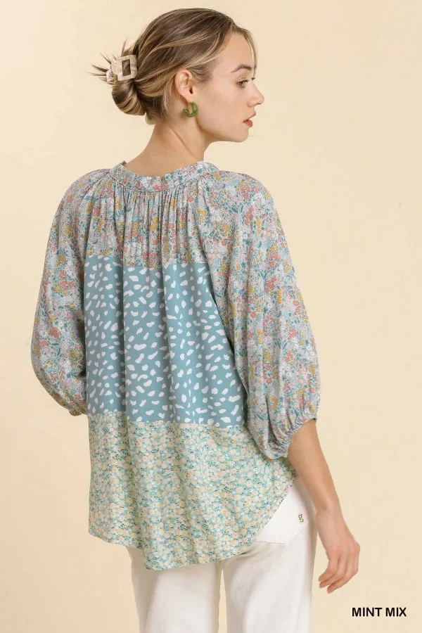 Mixed Colorblock Print Top, Mint