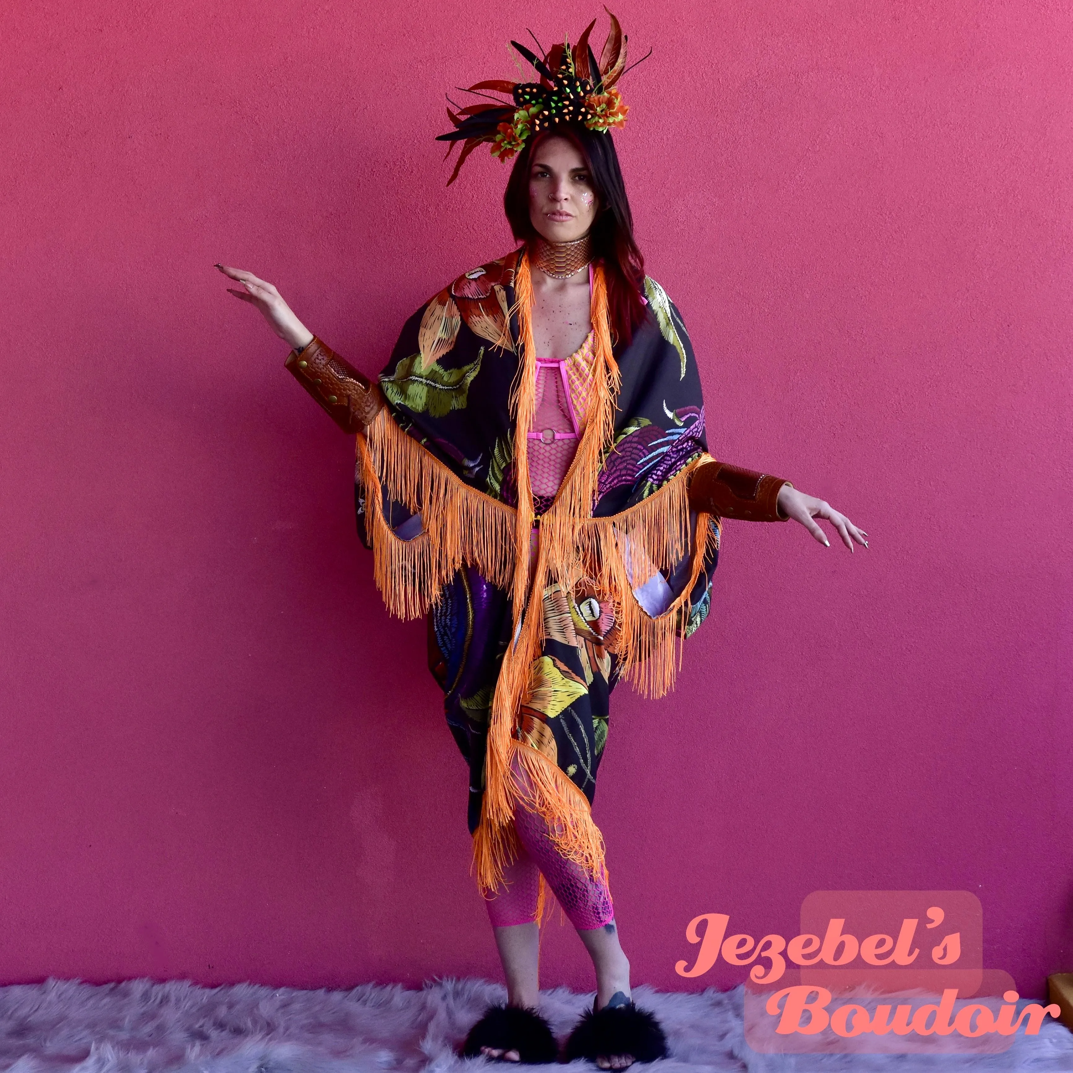 Mystical Dragon Floral Kimono, Fringe Chinese Zodiac Duster, Bohemian Oracle Goddess Bat Wing Asian Festival Cocoon Robe, Black Poiret Serpent Queen Burlesque Costume Cover, Occult Flowing Rave Priestess Burning Man Belly Dance