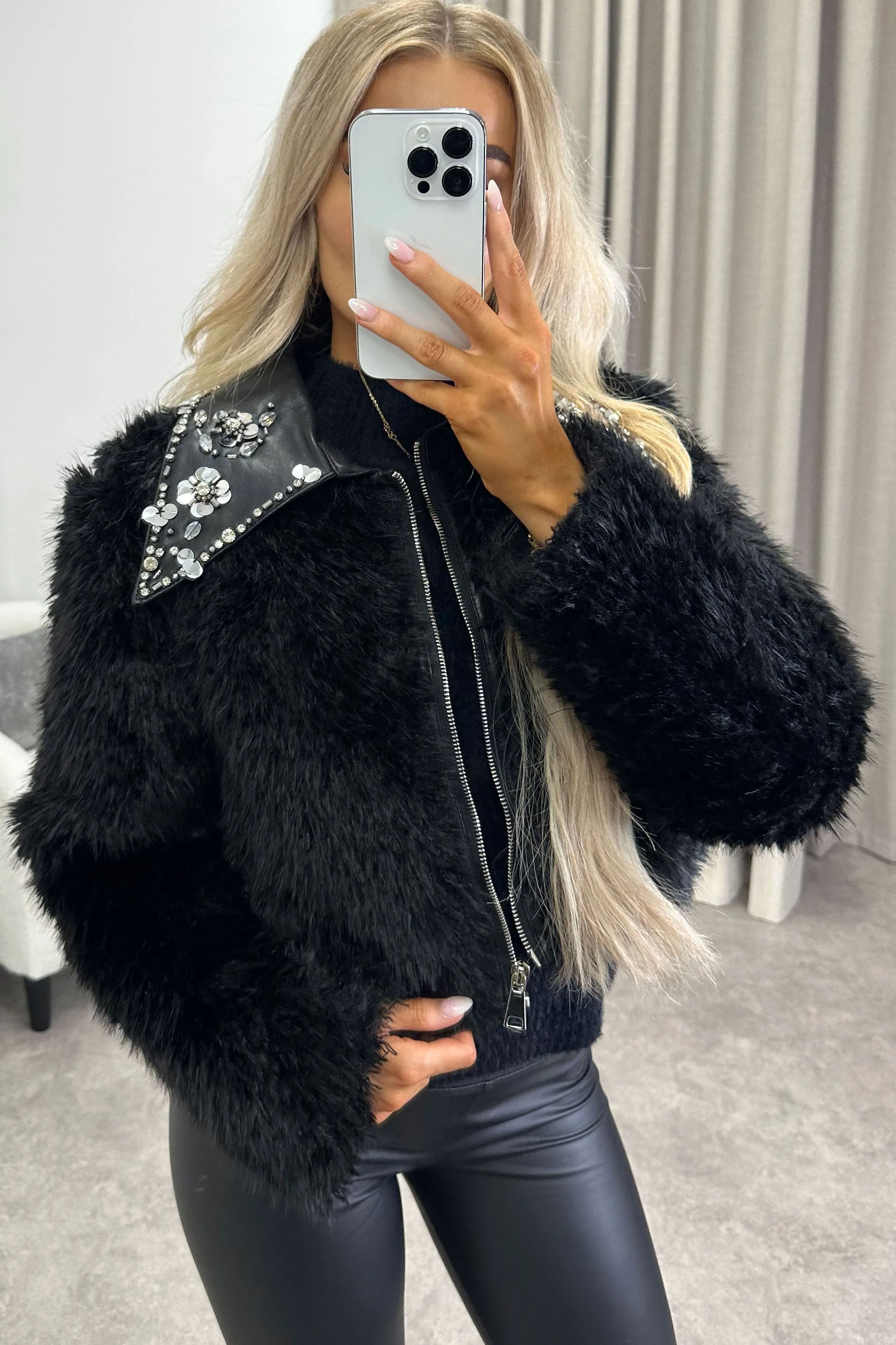 Nessa Black Faux Leather PU Faux Fur Embellished Cropped Jacket