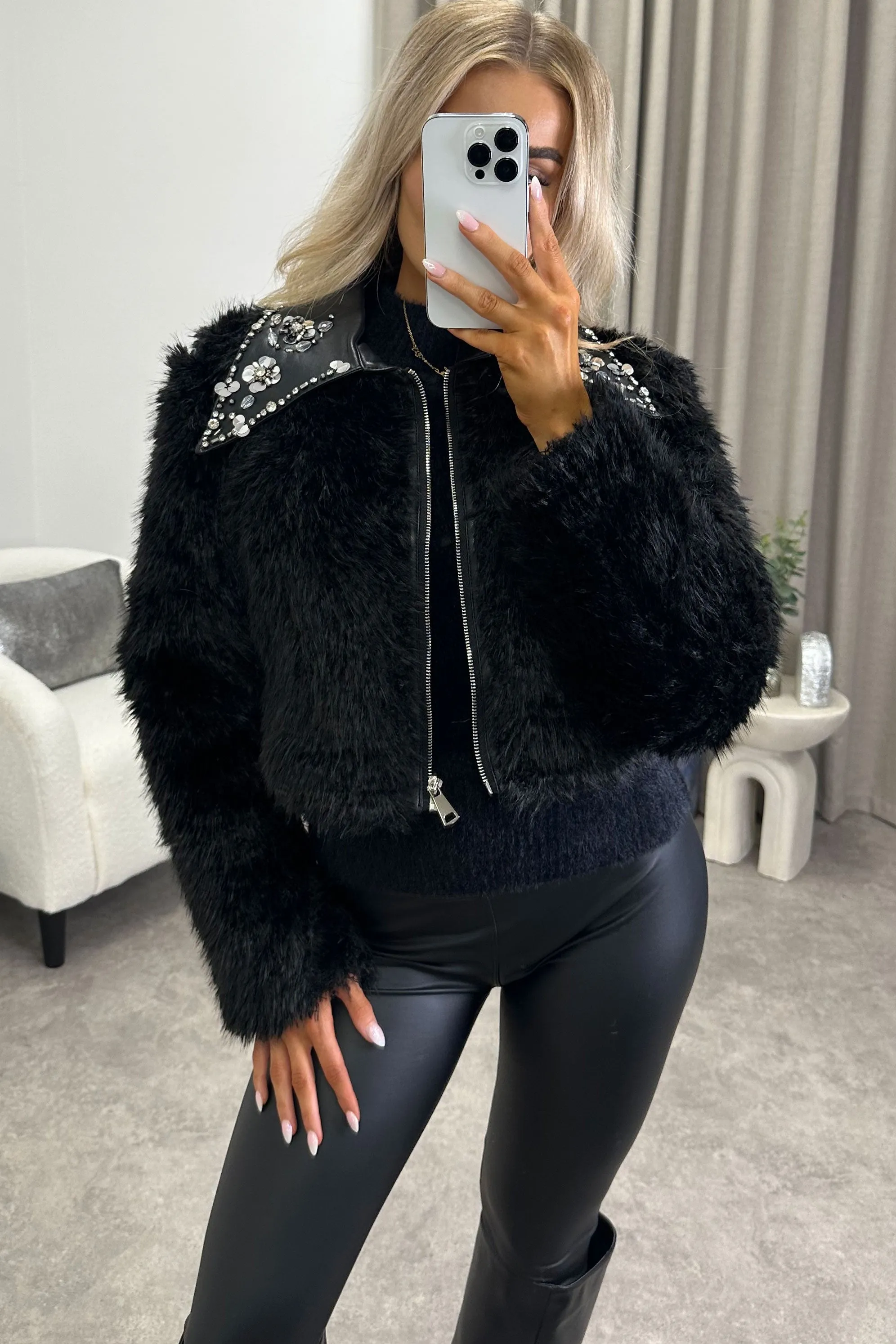 Nessa Black Faux Leather PU Faux Fur Embellished Cropped Jacket