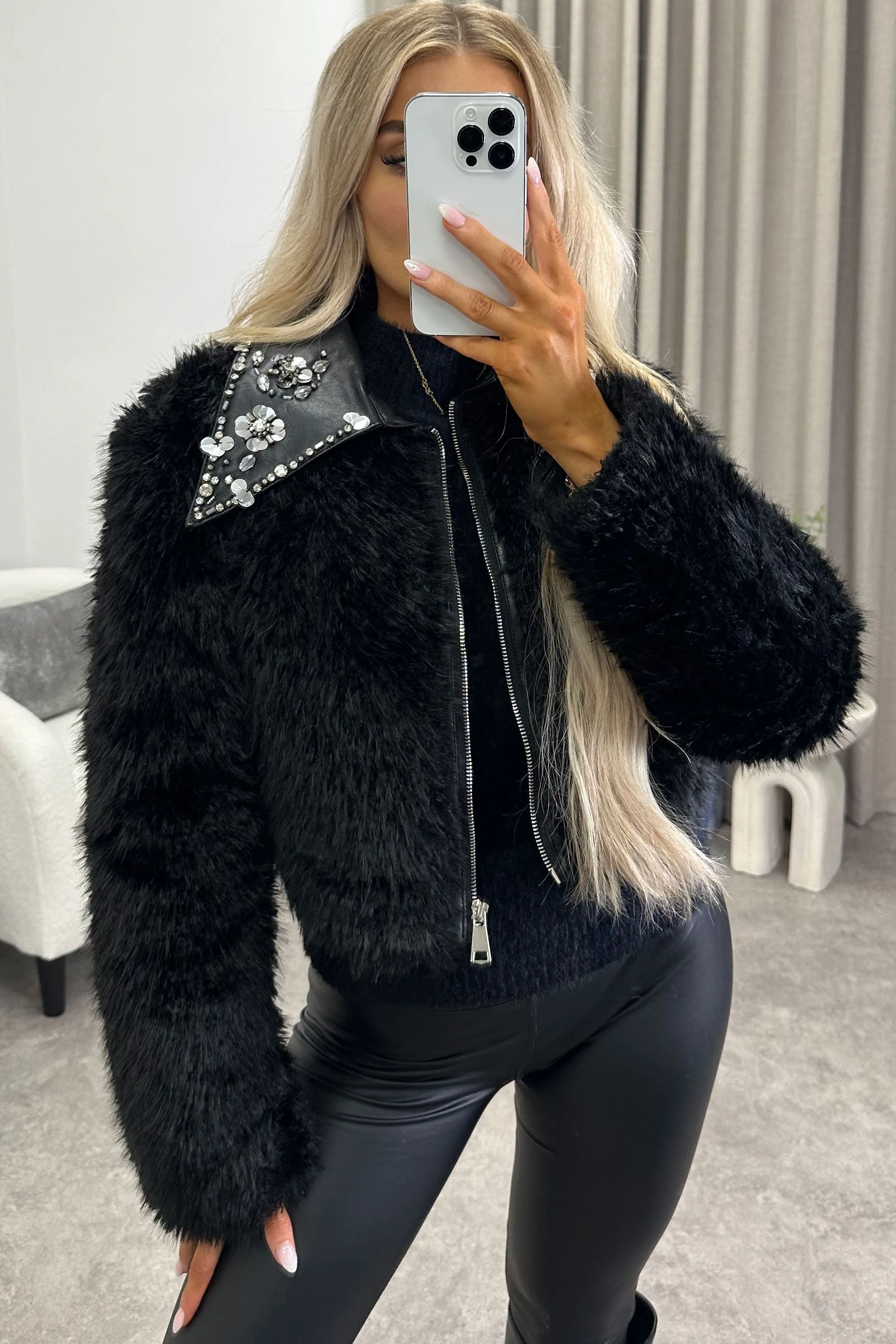 Nessa Black Faux Leather PU Faux Fur Embellished Cropped Jacket
