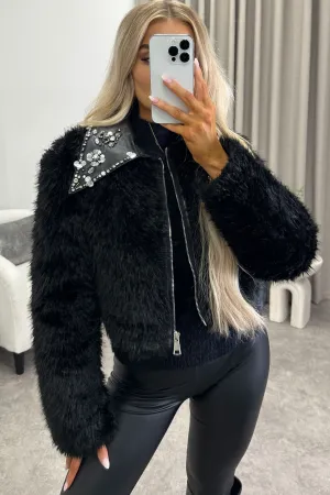 Nessa Black Faux Leather PU Faux Fur Embellished Cropped Jacket
