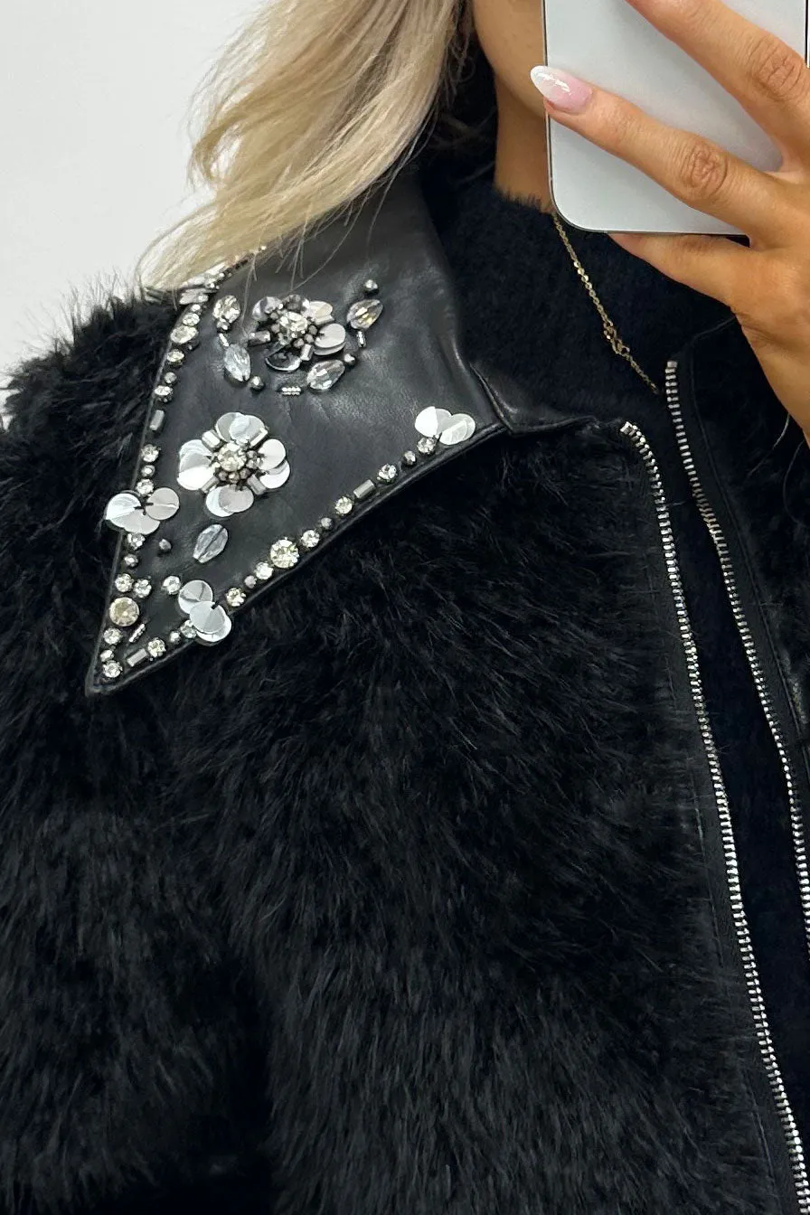Nessa Black Faux Leather PU Faux Fur Embellished Cropped Jacket