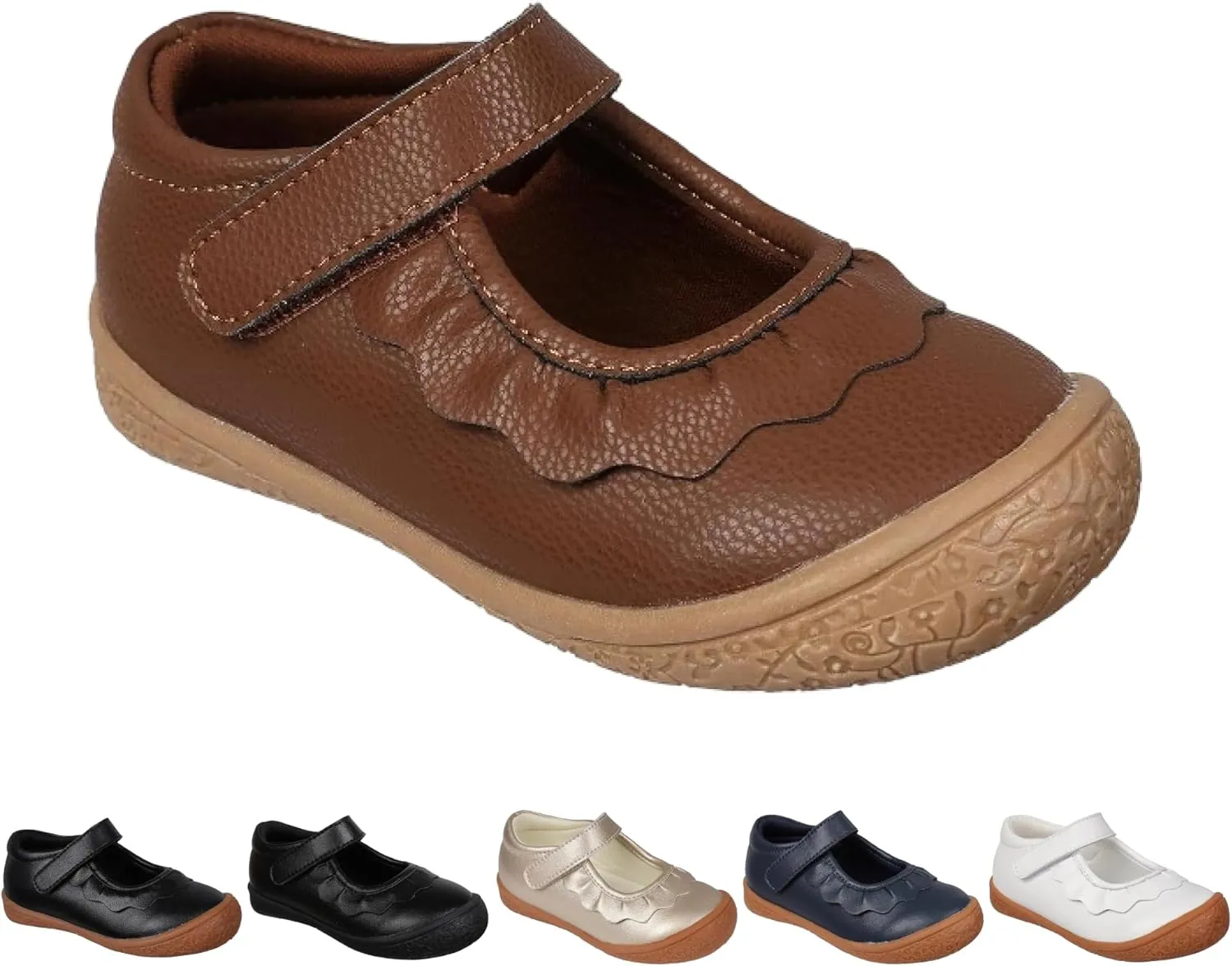 Oomphies Amina Leather Mary Jane Shoes for Girls  Ruffled Dress Shoes with Hook & Loop Closure, Soft Cushion Footbed
