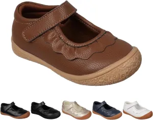 Oomphies Amina Leather Mary Jane Shoes for Girls  Ruffled Dress Shoes with Hook & Loop Closure, Soft Cushion Footbed