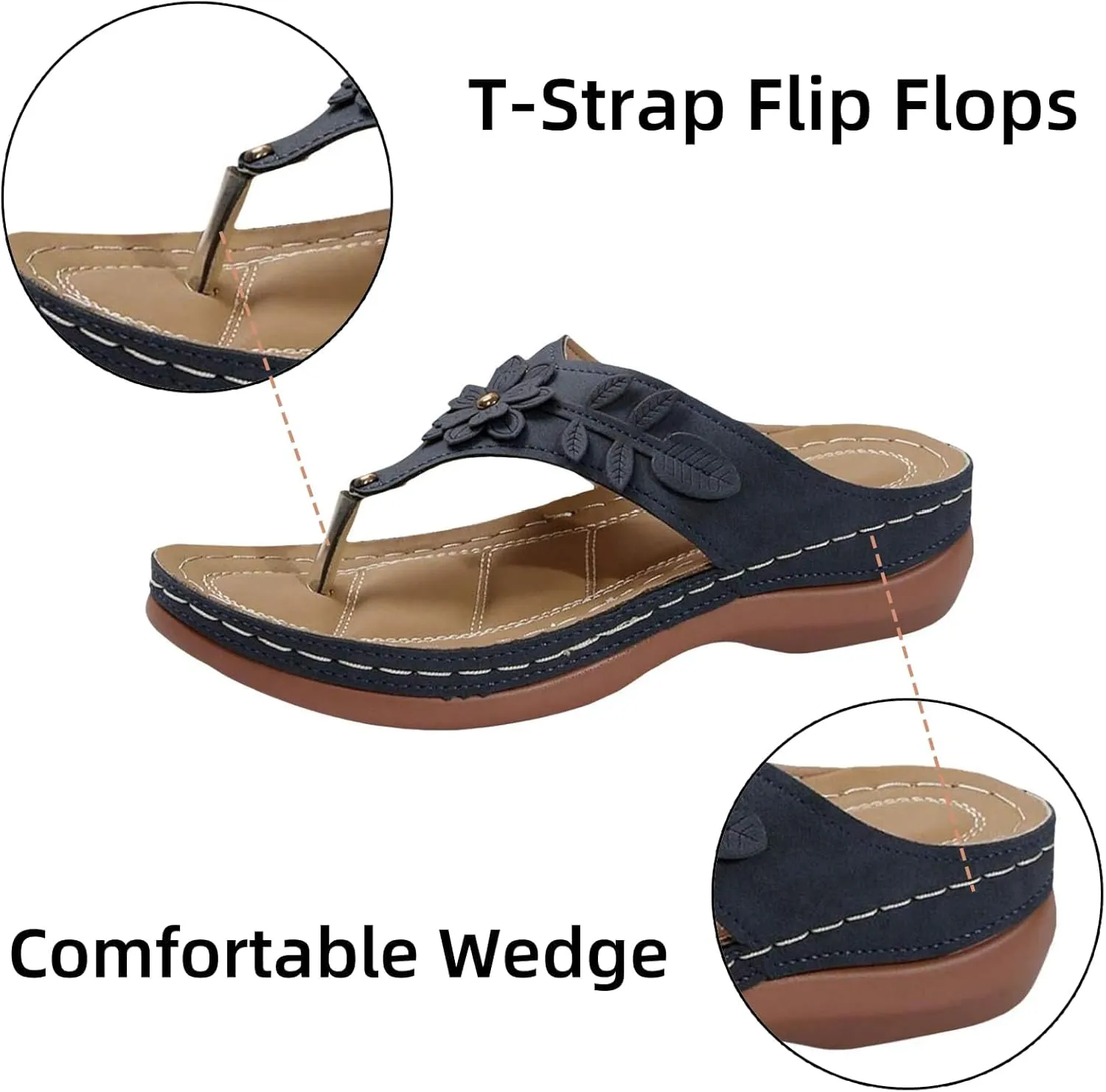 Orthopedic Sandals for Women Arch Support Thong Flip Flops Open Toe Slip On Slippers Flower Trim Wide Width Sandals Breathable Cushion Beach Slides Slippers
