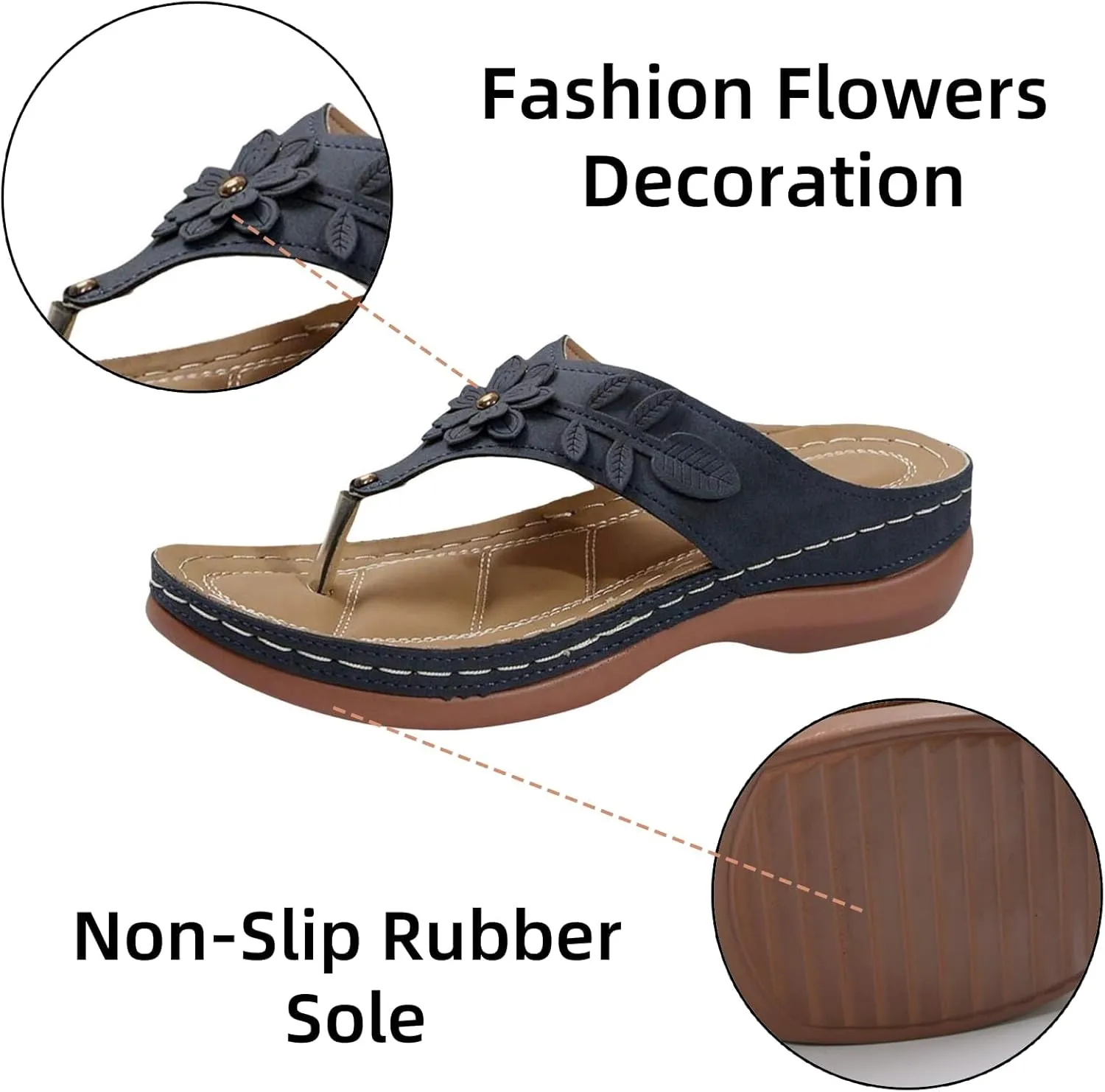 Orthopedic Sandals for Women Arch Support Thong Flip Flops Open Toe Slip On Slippers Flower Trim Wide Width Sandals Breathable Cushion Beach Slides Slippers