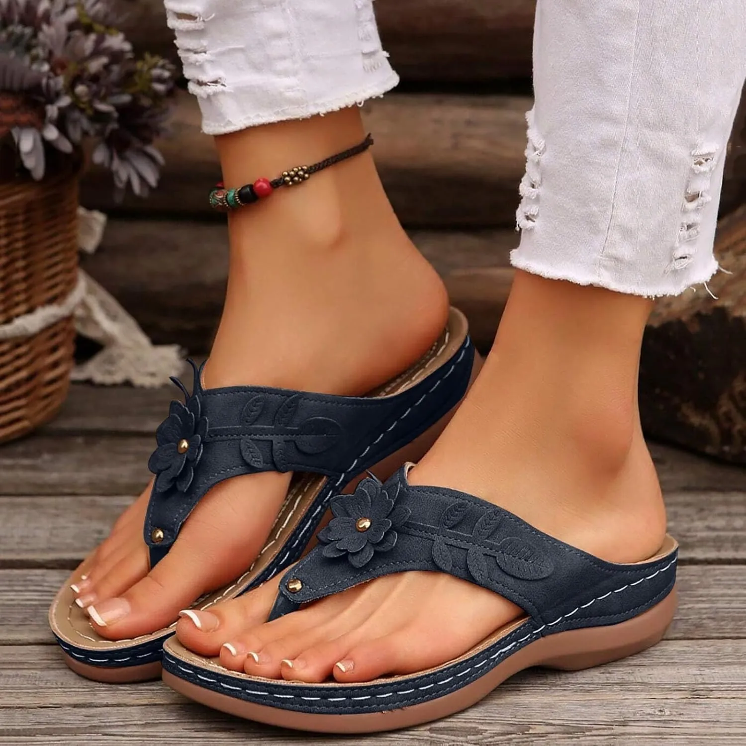 Orthopedic Sandals for Women Arch Support Thong Flip Flops Open Toe Slip On Slippers Flower Trim Wide Width Sandals Breathable Cushion Beach Slides Slippers