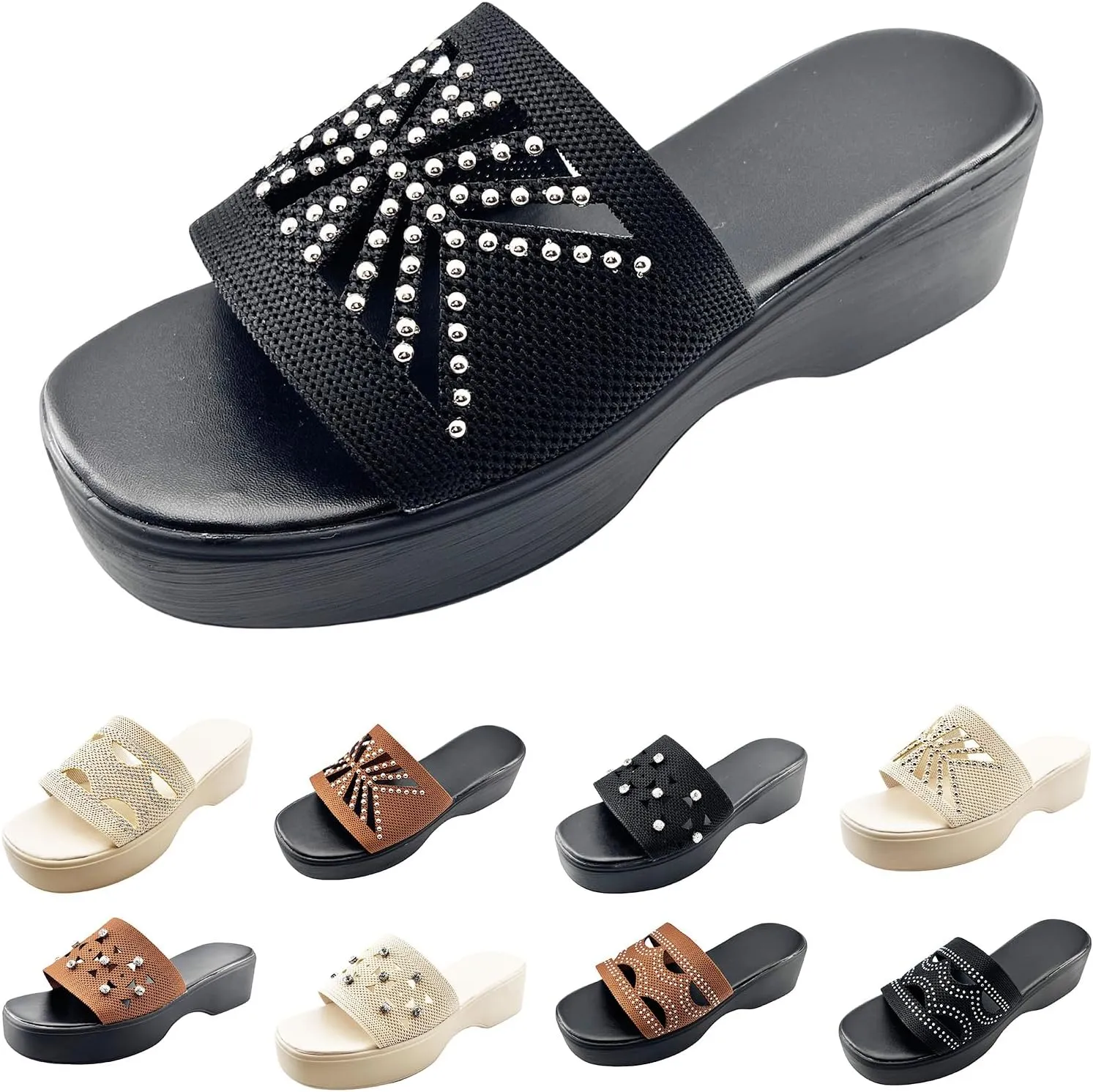 Platform Sandals Women Comfortable Open Toe Wedge Sandals Fashion Knit Studded Strap Spikes Slippers Summer Casual Beach Shoes for Summer and Daily Wear