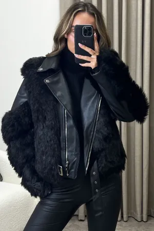 Rozz Black Faux Leather PU Faux Fur Trim Biker Jacket