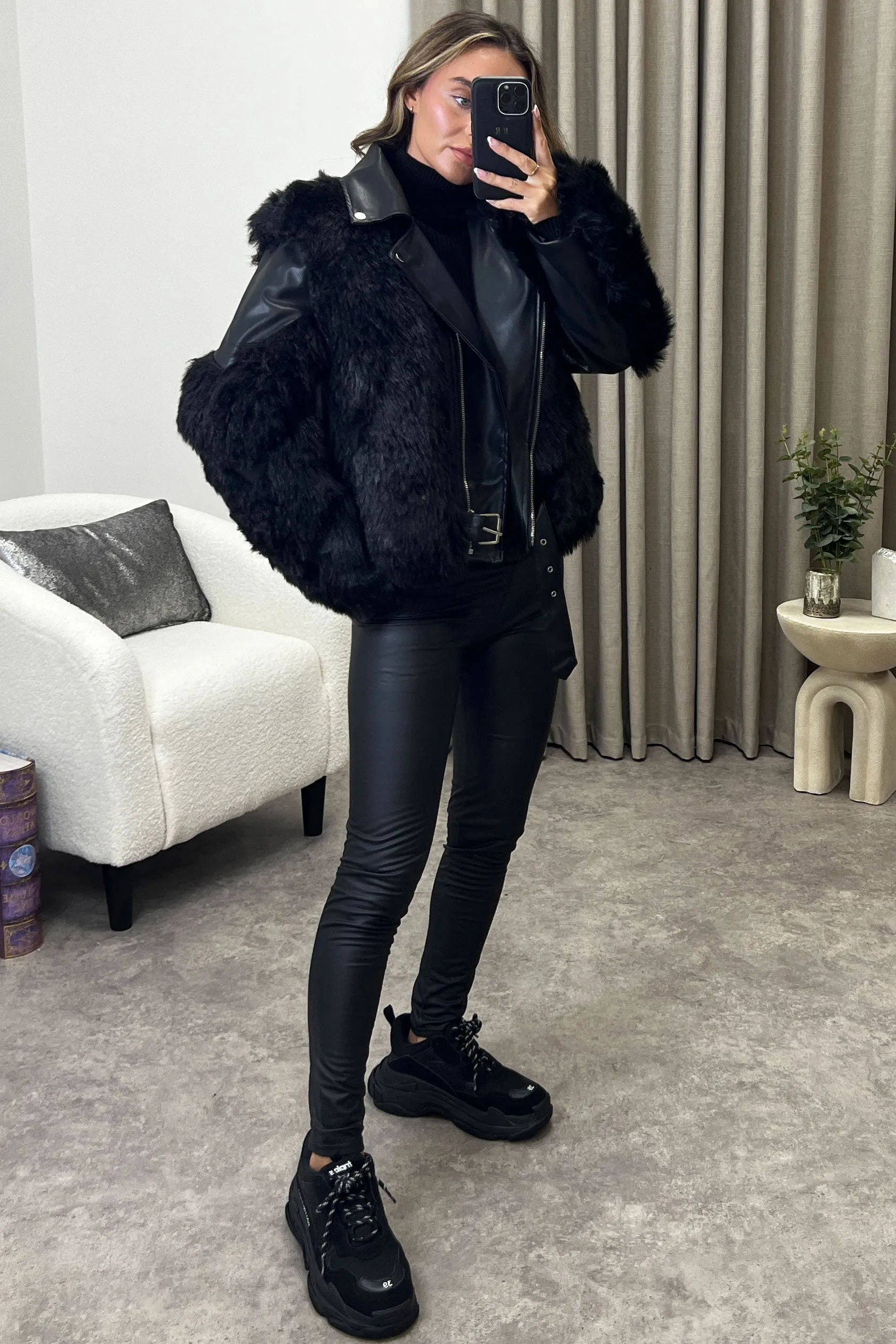 Rozz Black Faux Leather PU Faux Fur Trim Biker Jacket