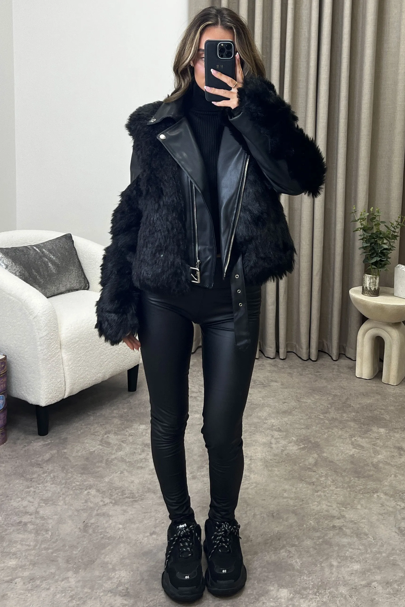 Rozz Black Faux Leather PU Faux Fur Trim Biker Jacket