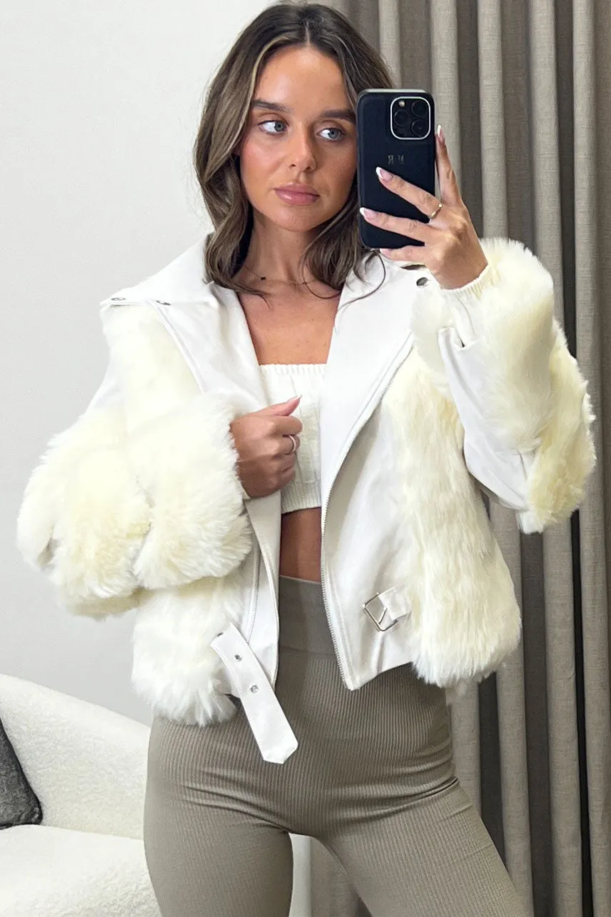 Rozz White Faux Leather PU Faux Fur Trim Biker Jacket