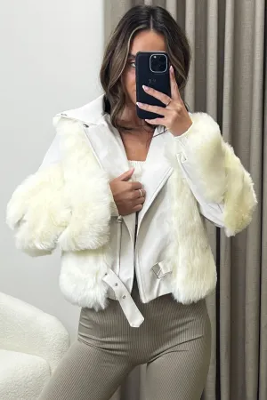 Rozz White Faux Leather PU Faux Fur Trim Biker Jacket