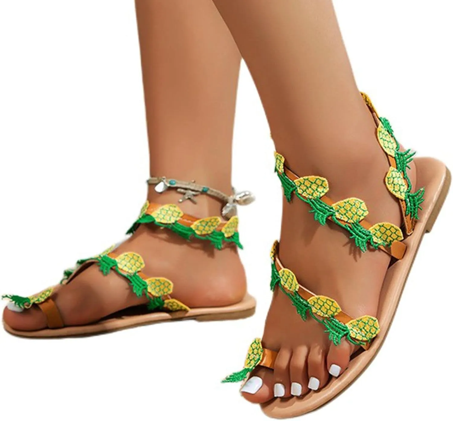 Sandals for Women 2025 Toe Ring Strawberry Decoration Shoes Flock Slip On Open Toe Flat Breathable Beach Boho Summer Sandals