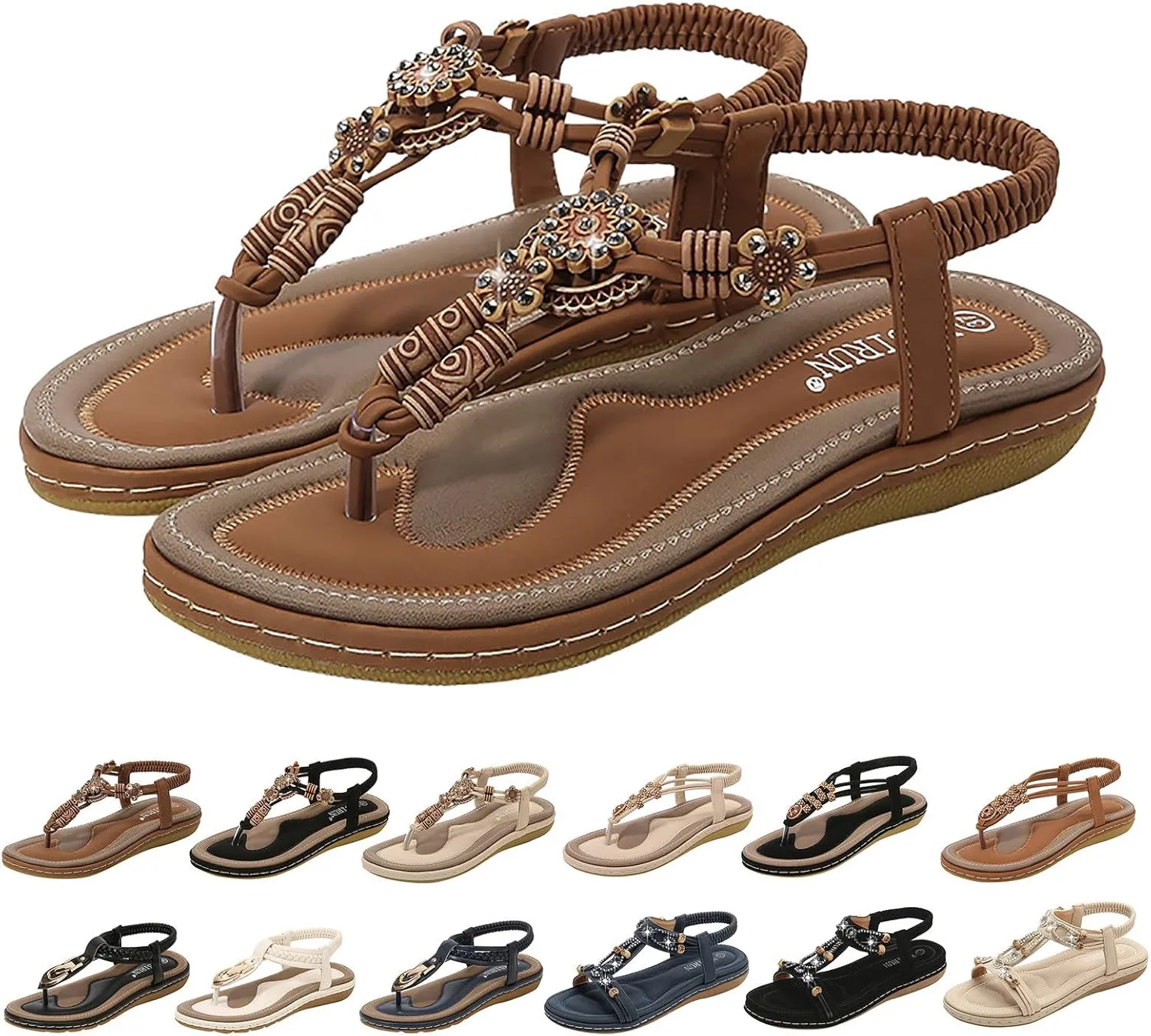 Sandals for Women Arch Support Elastic Sandals Rhinestone Dressy Sandal Comfort Summer Beach Flip Flops Shoes