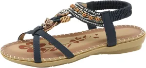 Sandals for Women Dressy Bohemian Flat Sandals Summer Casual Sandal Comfortable Elastic Ankle Strap Shoes