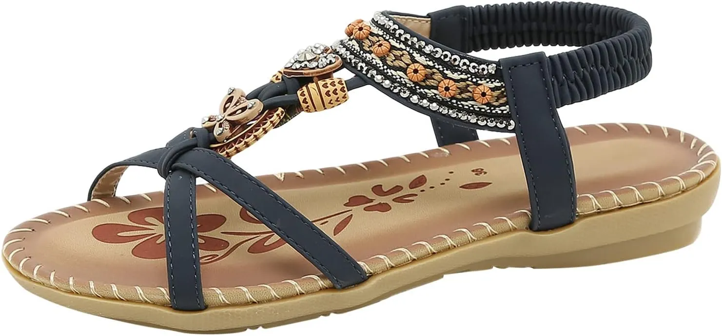 Sandals for Women Dressy Bohemian Flat Sandals Summer Casual Sandal Comfortable Elastic Ankle Strap Shoes