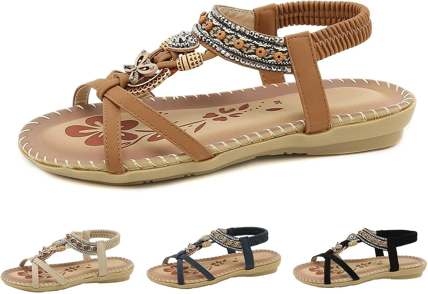 Sandals for Women Dressy Bohemian Flat Sandals Summer Casual Sandal Comfortable Elastic Ankle Strap Shoes