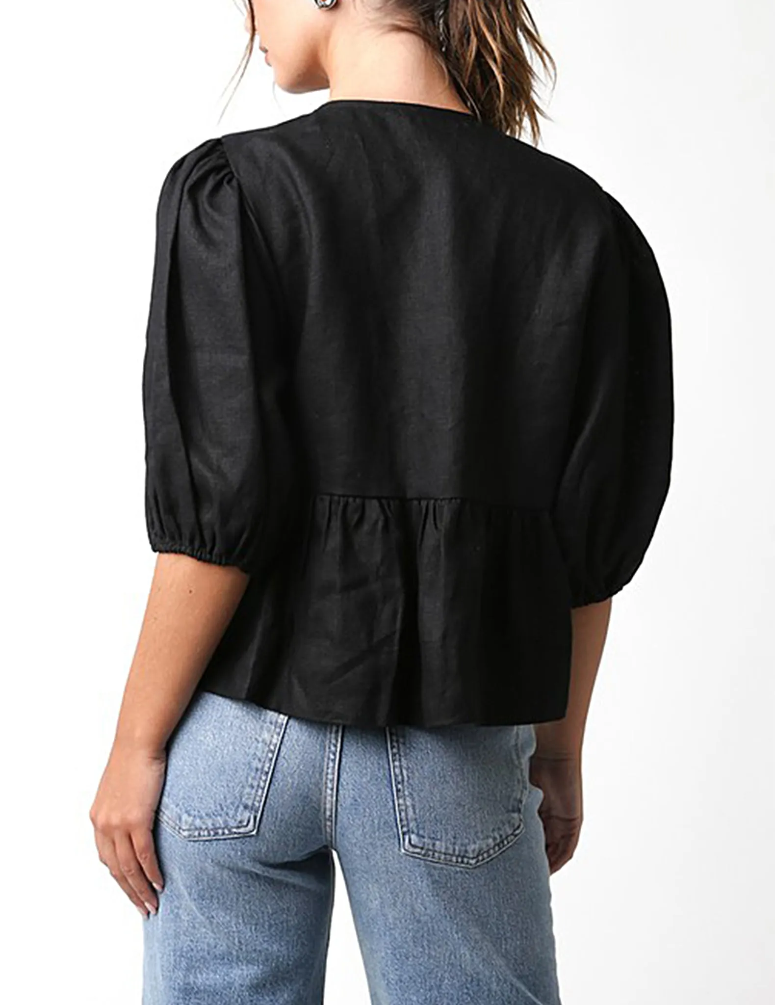 Tallulah Tie Adorned Black Linen Top